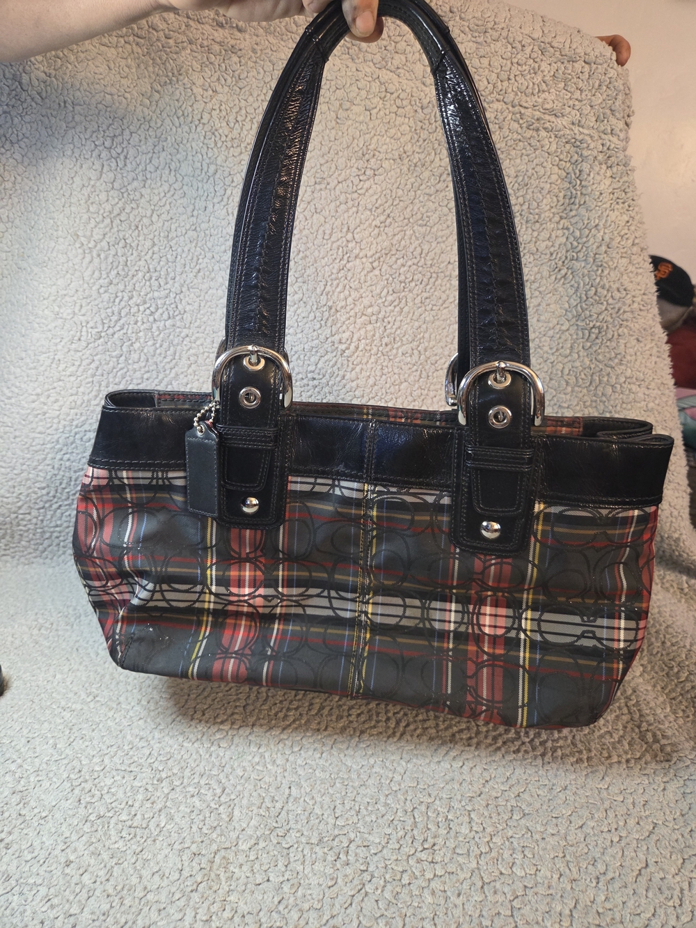 Coach Plaid Shoulder Bag with Black Trim and Red Accent - Picture 2 of 11